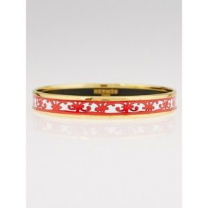 Hermes Red/White Enamel Gold Plated Narrow Bangle